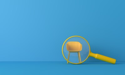 Searching for a new job opportunity. Office chair with magnifying glass. Recruitment concept. 3D Render