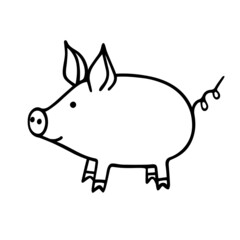 Cute cartoon piglet in doodle style. Isolated piggy on white background. Outline of pig.