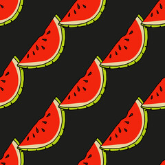 Seamless pattern with watermelon on black background. Vector image.
