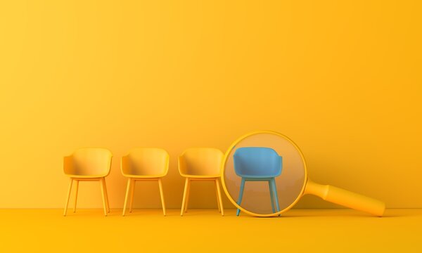 Searching for a new job opportunity. Office chair with magnifying glass. Recruitment concept. 3D Render