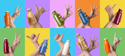 Various hands recommending healthy drinks on colorful backgrounds