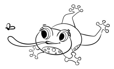 black outline of cute little jumping frog isolated on white background. The frog hunts for fly or insect. Coloring child's character