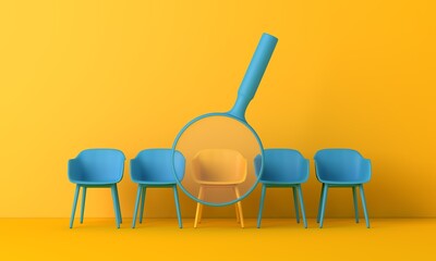 Searching for a new job opportunity. Office chair with magnifying glass. Recruitment concept. 3D Render