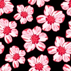 Simple colored floral vector seamless pattern. Pink delicate sakura flowers on a black background. Flowering time. For fabric prints, textile products, cosmetics, beauty.