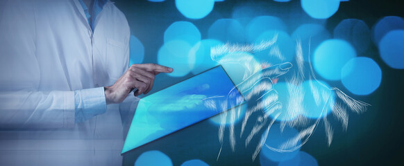 sore throat. illustration. the doctor stands with a tablet