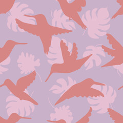 Hand drawn hummingbirds and leaves silhouette seamless pattern. Perfect for T-shirt, textile and print. Doodle vector illustration for decor and design.
