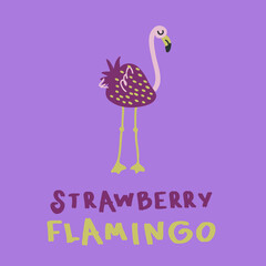 Hand drawn strawberry flamingo with inscription. Perfect for T-shirt, poster, greeting card and print. Doodle vector illustration for decor and design.
