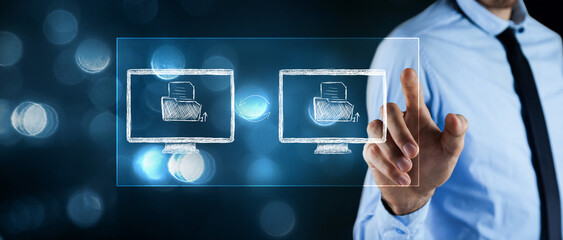 drawn folders with a file in computers. data exchange. man presses the screen