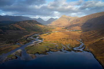 Drone panorama over Loch Etive in the Highlands of Scotland.