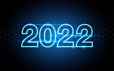 Happy new year 2022 from neon glowing lines, magic energy space light concept, abstract background