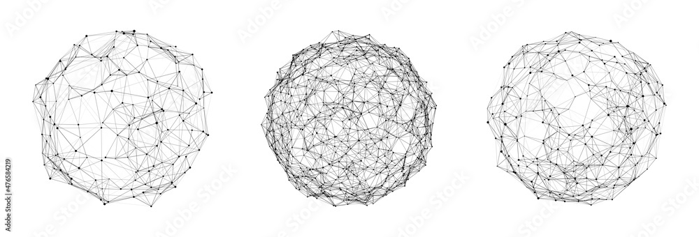 Poster Set of abstract spheres from points and lines on a white background. Network connection structure. Big data visualization. Vector illustration.