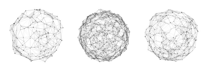 Set of abstract spheres from points and lines on a white background. Network connection structure. Big data visualization. Vector illustration. - obrazy, fototapety, plakaty