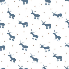 Christmas seamless pattern with isolated painted deer, snowflakes on white background. Cute vector illustration for paper, textile, fabric, prints, wrapping, greeting cards, banners