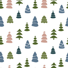 Christmas seamless pattern with isolated painted christmas trees on white background. Cute vector illustration for paper, textile, fabric, prints, wrapping, greeting cards, banners