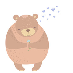 cute holiday greeting cards Valentine's Day . Concept romantic card with cute happy bear and the flower, herart