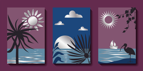 Abstract aesthetic seascape set. Summer landscapes with Sun, Moon, Sea and tropical plant leaves. Modern boho wall art. Vector minimalist illustrations
