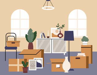 Cardboard boxes with stuff, books, houseplants and other household items. Relocation concept. Moving to new home. Flat cartoon vector illustration