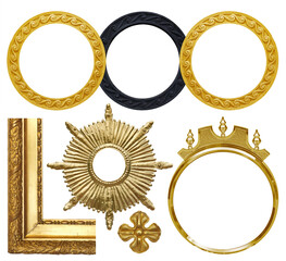 Set of golden frames for paintings, mirrors or photo isolated on white background