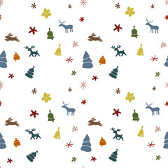 Christmas seamless pattern with isolated painted trees, rabbits, deer, bells on white background. Cute vector illustration for paper, textile, fabric, prints, wrapping, greeting cards, banners