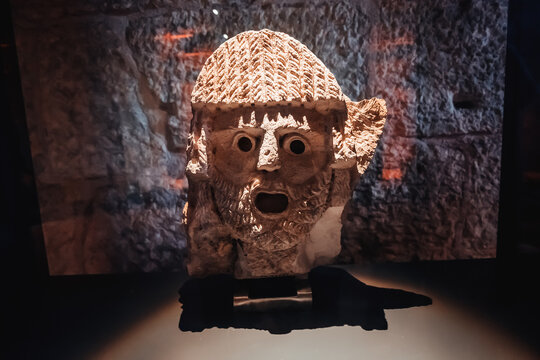 26 August 2021, Andriake, Turkey: Ancient Greek drama face mask in the Museum of Lycian Civilization