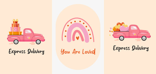 Valentine's day boho style set of cute illustrations. Perfect for greetind cards, postcards, banners, posters, stickers, prints. Truck full of presents and hearts retro simple vector, handrawn rainbow