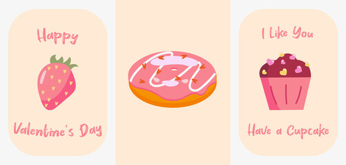 Happy Valentines Day, set of 3 cute funny simple illustrations, food, love. For greeting cards, postcards, posters, banners