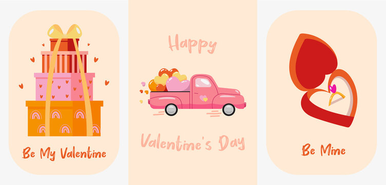 Valentine's Day set of 3 greeting cards, also perfect for posters, banners, retro cute vector illustrations. Mountain of gifts, pink truck full of hearts, engagement ring, wedding, love
