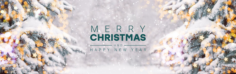 2022 Merry Christmas text blurred background with red xmas balls decoration on branches, bokeh, sparkles. Xmas and New Year greeting card, bokeh, light.