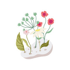 Floral bouquet in ikebana vase. Hand drawn flat illustration. Vector isolated on white background. 