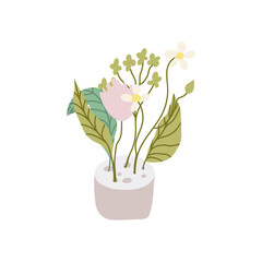 Floral bouquet in ikebana vase. Hand drawn flat illustration. Vector isolated on white background. 