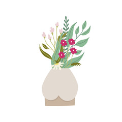 Floral bouquet in a vase. Hand drawn flat illustration. Vector isolated on white background. 