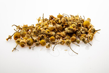 dried camomile on white background