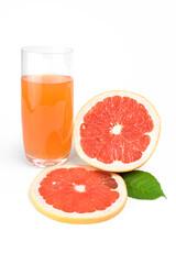 Full glass of grapefruit juice and fruits isolated on white background