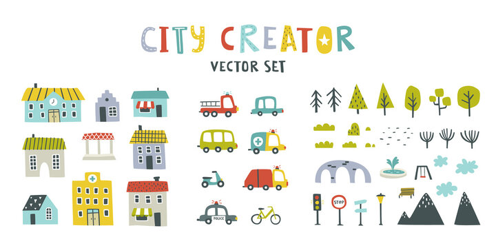 Baby city constructor set. Town simple vector creator for kids map. Elements for nursery design: houses, cars, trees, mountains, infrastructure.