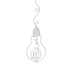 Continuous one line drawing of electric light bulb isolated on white background.