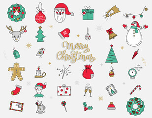 Christmas and New Year attributes set. Lettering saying Merry Christmas and Happy New Year. Cartoon flat vector illustration