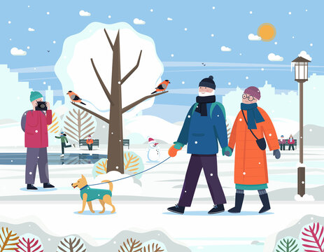 Senior active lifestyle outdoor concept. Senior couple walking with dog in the park, woman taking pictures of nature, man reading a book on the landscape background. Winter vector flat illustration.