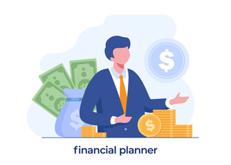 financial planner concept, investing, finance, consultant, advisor, flat vector illustration template and background