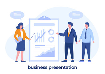 business presentation, discussion, brainstorming, finance and business flat vector template and background