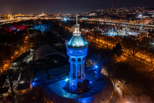 Aerial view from water tower in Margaret island at night
