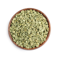Wooden bowl with green coffee beans isolated on white, top view