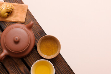 Tea ceremony, fresh tea. Traditional teapot and teacup.