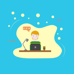 Illustration of a boy or  teenager  or young man working at a laptop with coffee young man working at a laptop with coffee