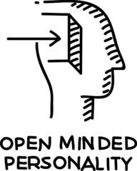 Open minded personality. Head with the opened door and the arrow pointed in the right way Door. Sketchy vector hand-drawn illustration.