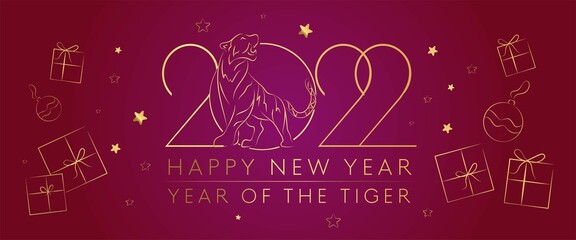 banner Happy Chinese New Year 2021 Year of the Tiger made up of paper ribbons. Asian tiger elements in craft style on background.