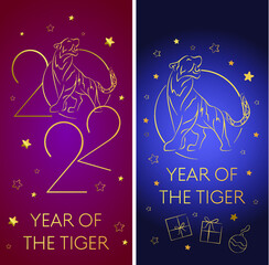 set of stories CNY 2022 Happy Chinese New Year, golden tiger cat, Lunar festival vector decorations, China holiday mascots