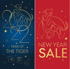 CNY 2022 greeting cards Happy Chinese New Year, golden tiger cat, Lunar festival vector decoration, holiday sale