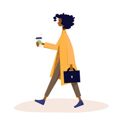 Woman with curly hair going to the work with take away coffee. Yellow coat. Cartoon vector illustration