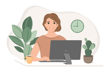 Student woman preparing for exams  using online courses, freelancer working from home. Freelance,  studying or online Education concept. Vector flat style illustration. 