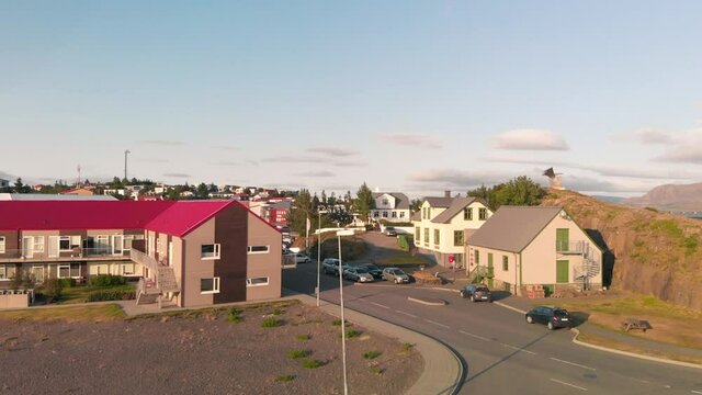 Panoramic view of town Borgarnes in South-Western Iceland from a drone viewpoint
